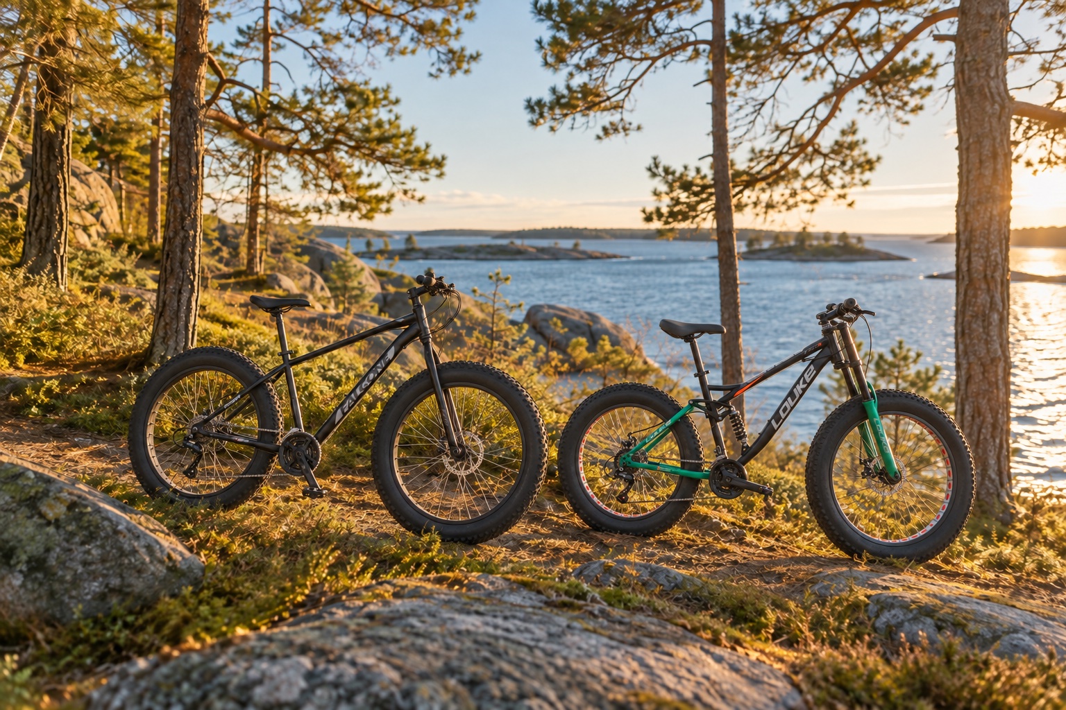 Musta Falcone ja vihreä-musta Louke fatbike rantametsän retkipolulla.